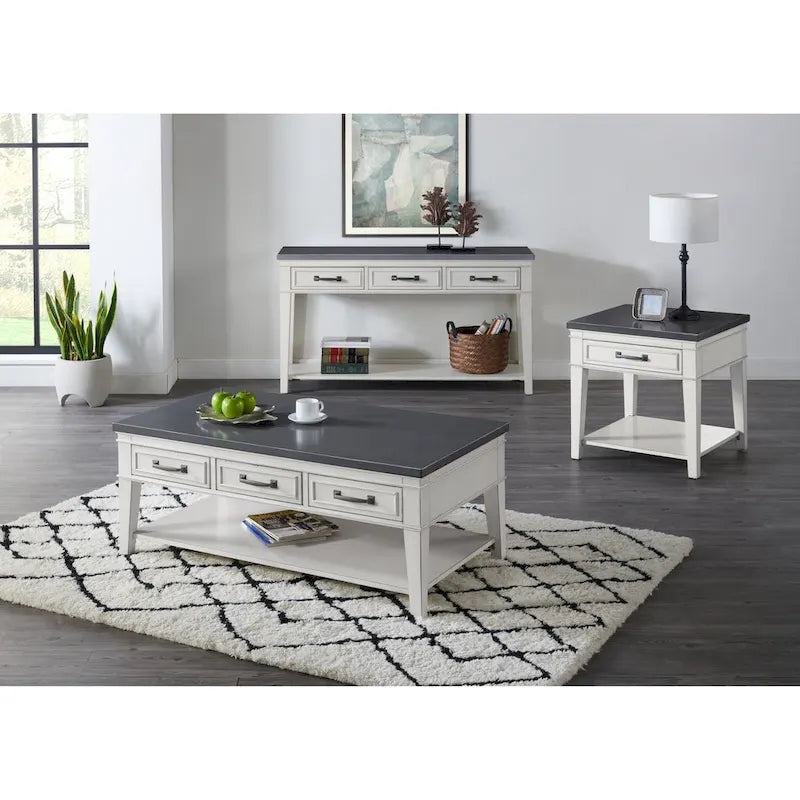24" White & Grey 1-Drawer End Table - Birch Veneers & Hardwood, Antique White Base, Grey Top