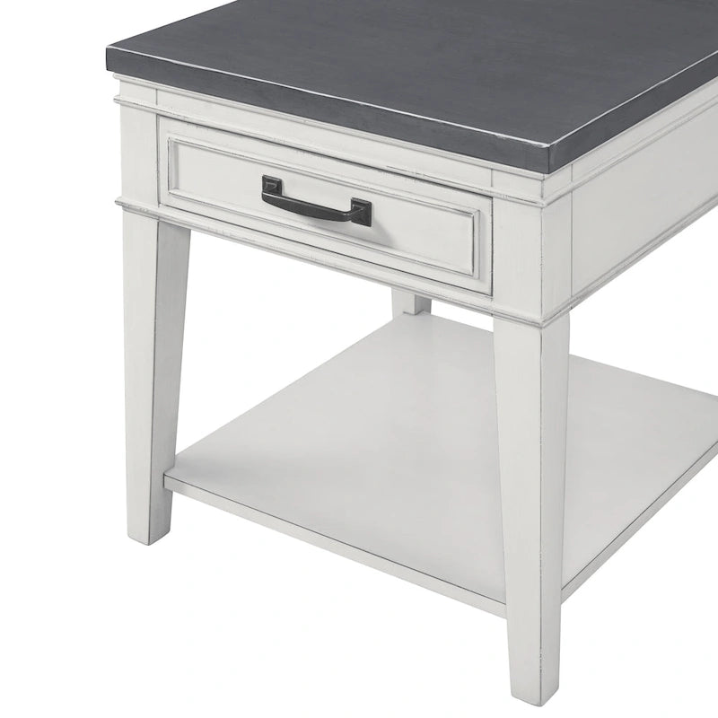24" White & Grey 1-Drawer End Table - Birch Veneers & Hardwood, Antique White Base, Grey Top