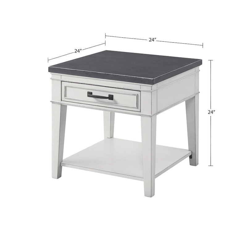 24" White & Grey 1-Drawer End Table - Birch Veneers & Hardwood, Antique White Base, Grey Top