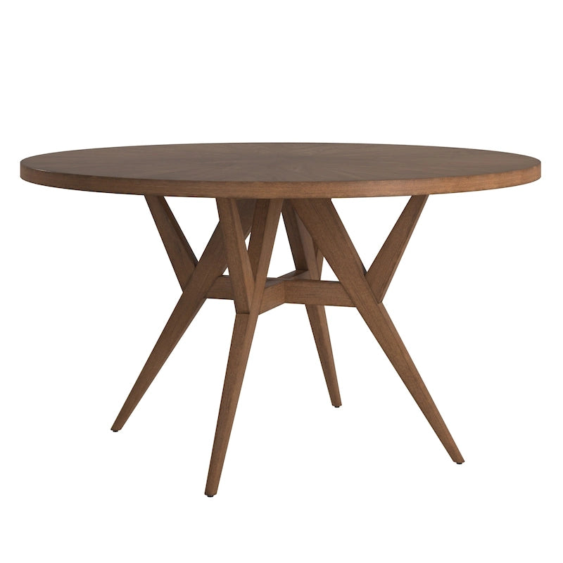 Round Mid-Century Modern Dining Table Walnut Finish Rubberwood Base Splayed Legs Contemporary Style