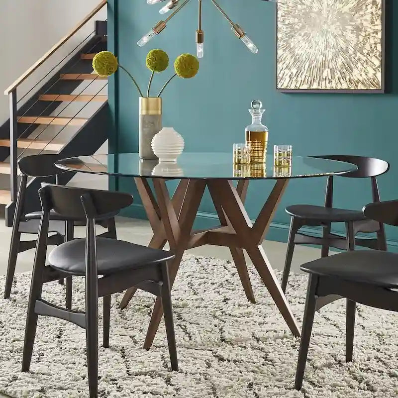 Round Mid-Century Modern Dining Table Walnut Finish Rubberwood Base Splayed Legs Contemporary Style