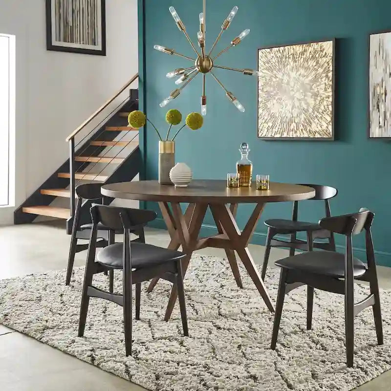 Round Mid-Century Modern Dining Table Walnut Finish Rubberwood Base Splayed Legs Contemporary Style