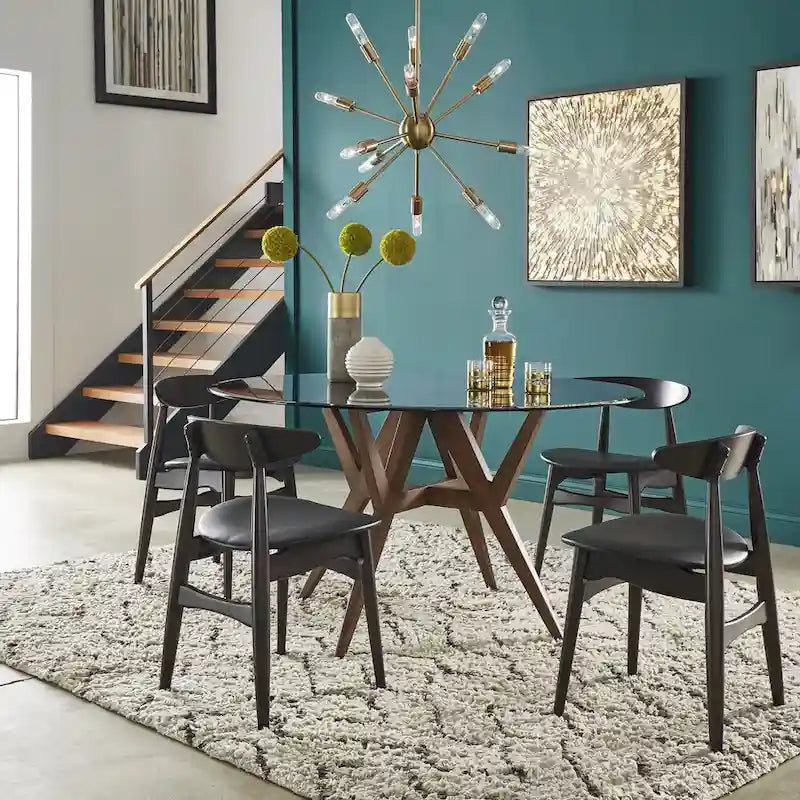 Round Mid-Century Modern Dining Table Walnut Finish Rubberwood Base Splayed Legs Contemporary Style