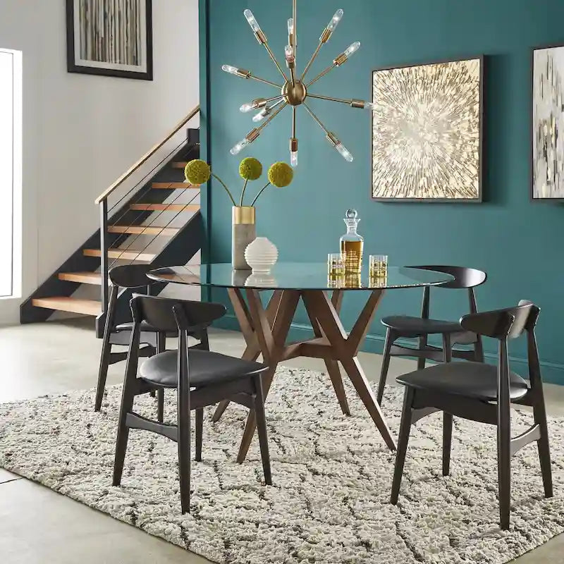 Round Mid-Century Modern Dining Table Walnut Finish Rubberwood Base Splayed Legs Contemporary Style