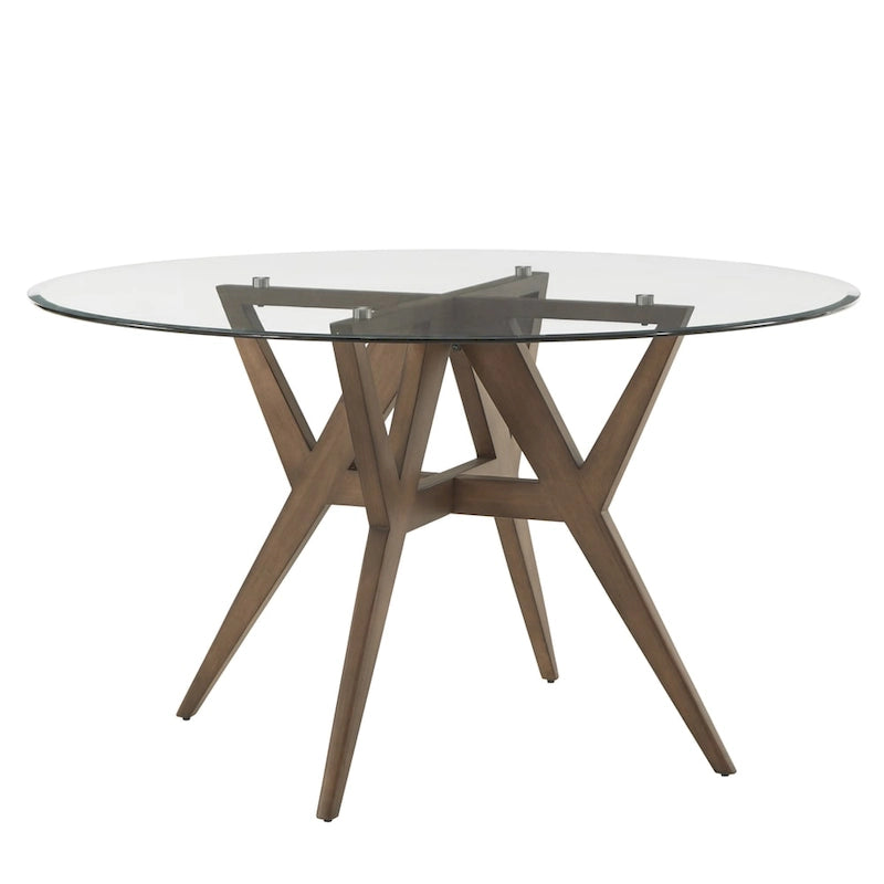 Round Mid-Century Modern Dining Table Walnut Finish Rubberwood Base Splayed Legs Contemporary Style
