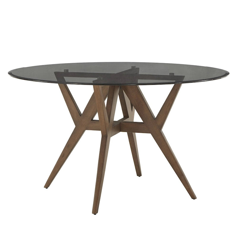 Round Mid-Century Modern Dining Table Walnut Finish Rubberwood Base Splayed Legs Contemporary Style