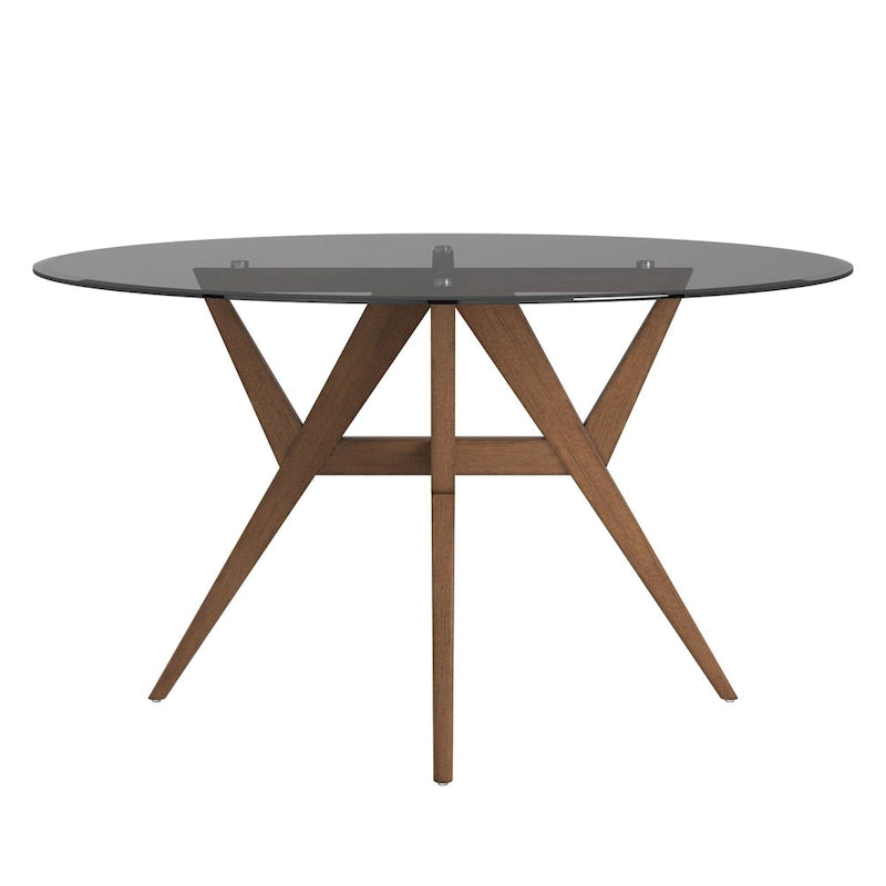 Round Mid-Century Modern Dining Table Walnut Finish Rubberwood Base Splayed Legs Contemporary Style