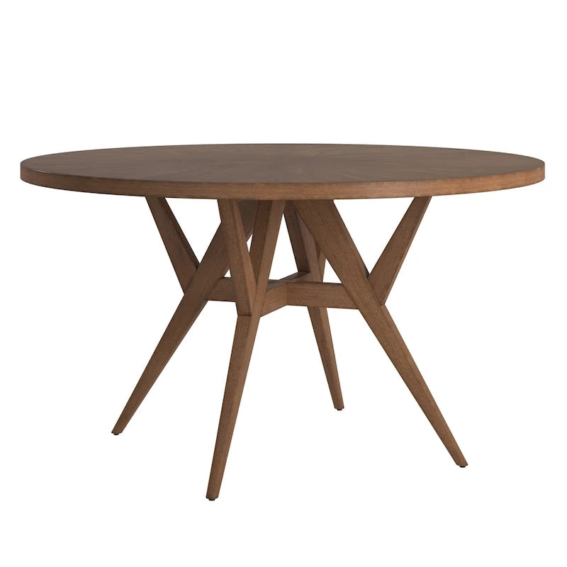 Round Mid-Century Modern Dining Table Walnut Finish Rubberwood Base Splayed Legs Contemporary Style