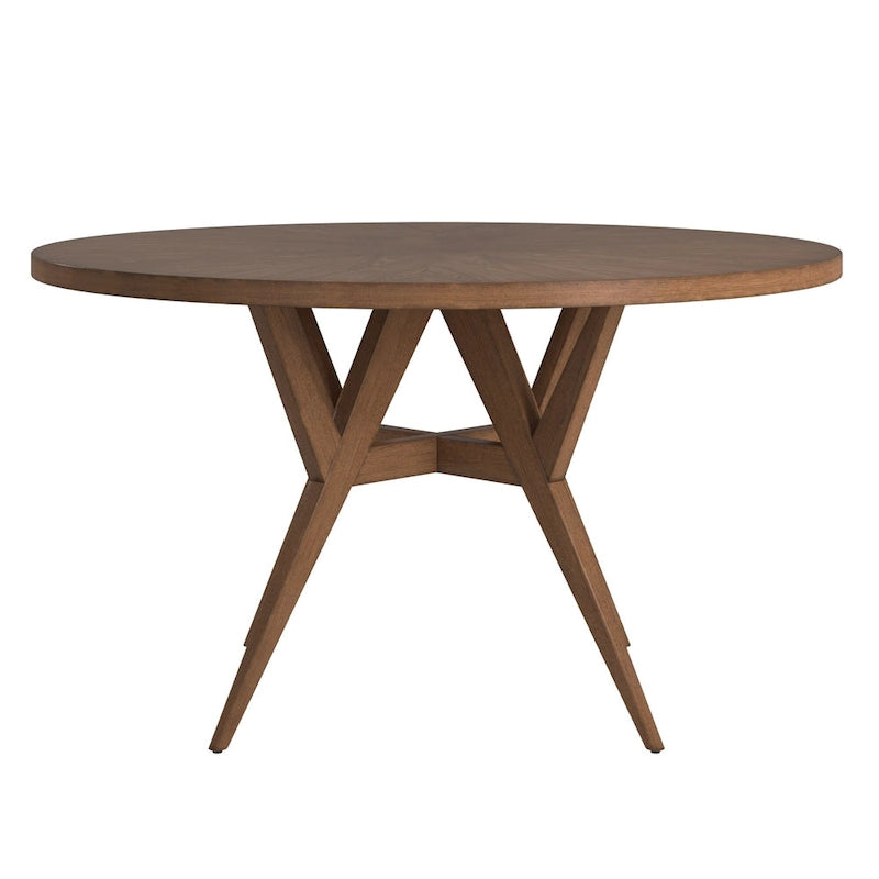Round Mid-Century Modern Dining Table Walnut Finish Rubberwood Base Splayed Legs Contemporary Style