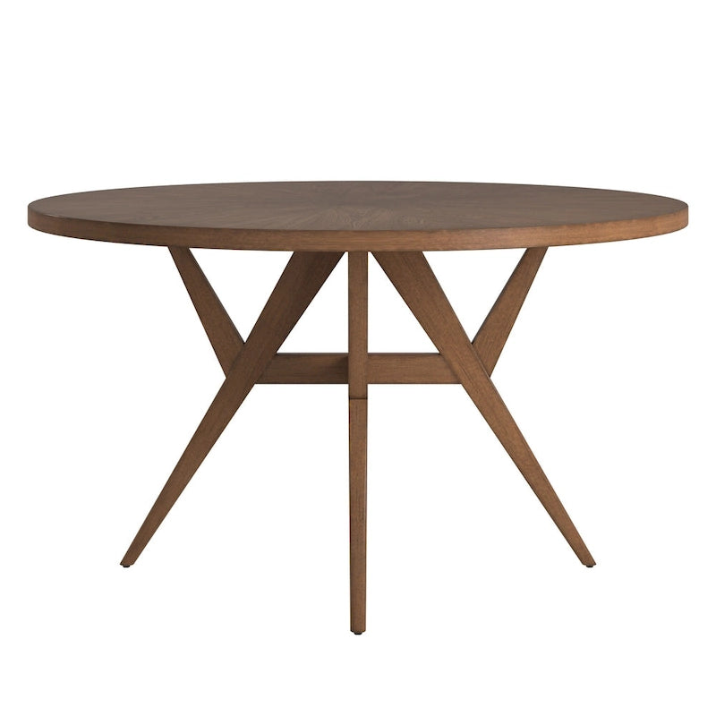 Round Mid-Century Modern Dining Table Walnut Finish Rubberwood Base Splayed Legs Contemporary Style