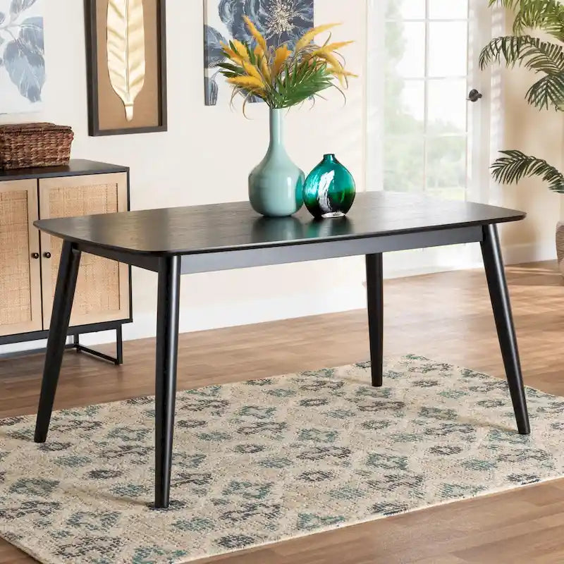 59-Inch Mid-Century Modern Dining Table - Rubberwood, Angled Legs, Rounded Corners, Seats 6, Robust Elegance