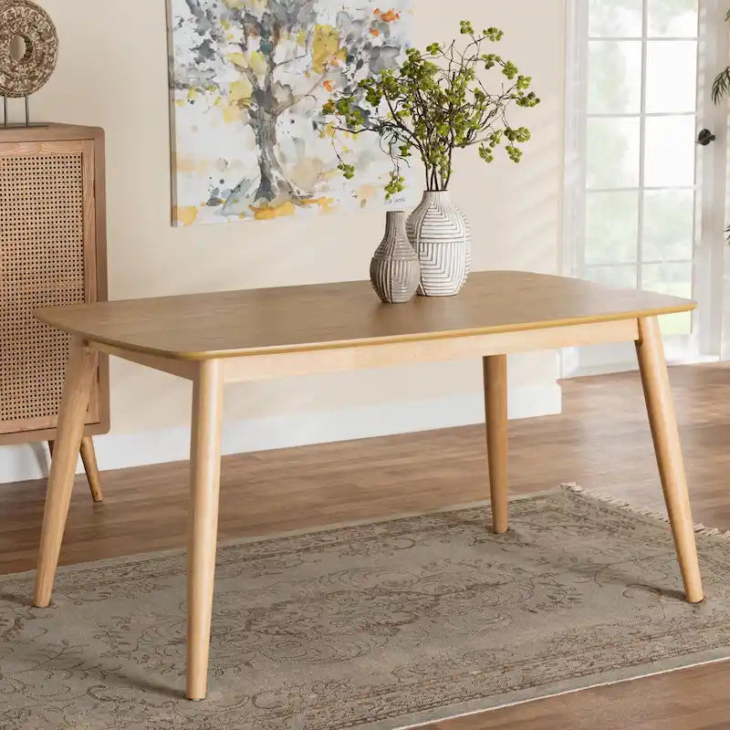 59-Inch Mid-Century Modern Dining Table - Rubberwood, Angled Legs, Rounded Corners, Seats 6, Robust Elegance