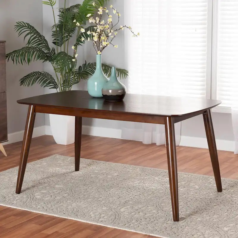 59-Inch Mid-Century Modern Dining Table - Rubberwood, Angled Legs, Rounded Corners, Seats 6, Robust Elegance