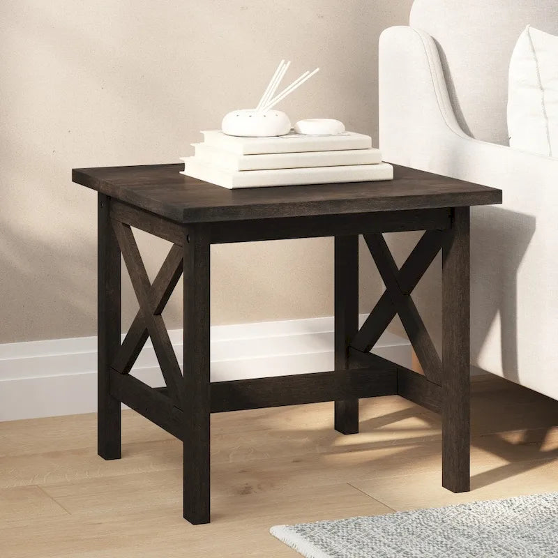 Solid Wood Farmhouse End Table - X-Frame Design, 300lb Capacity, Quick Assembly Under 30 Minutes, Floor Protector Glides