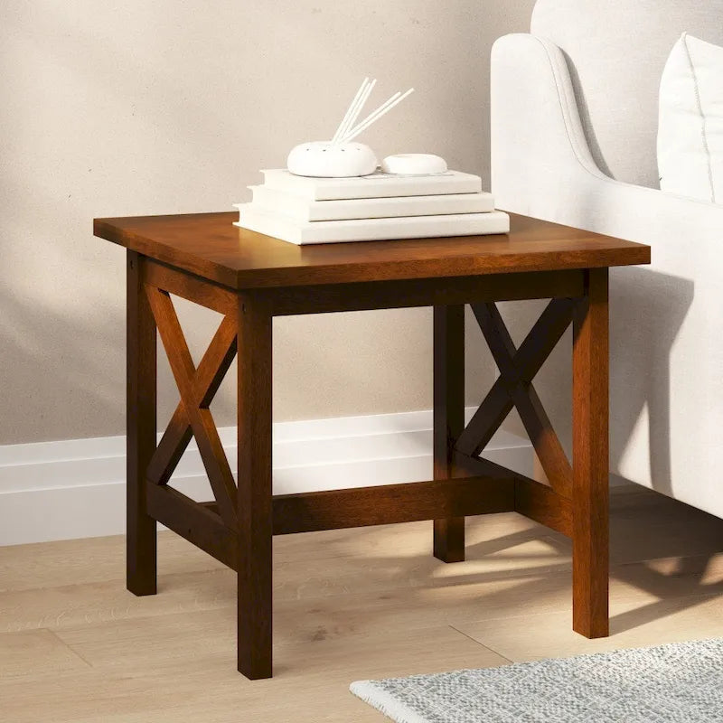 Solid Wood Farmhouse End Table - X-Frame Design, 300lb Capacity, Quick Assembly Under 30 Minutes, Floor Protector Glides
