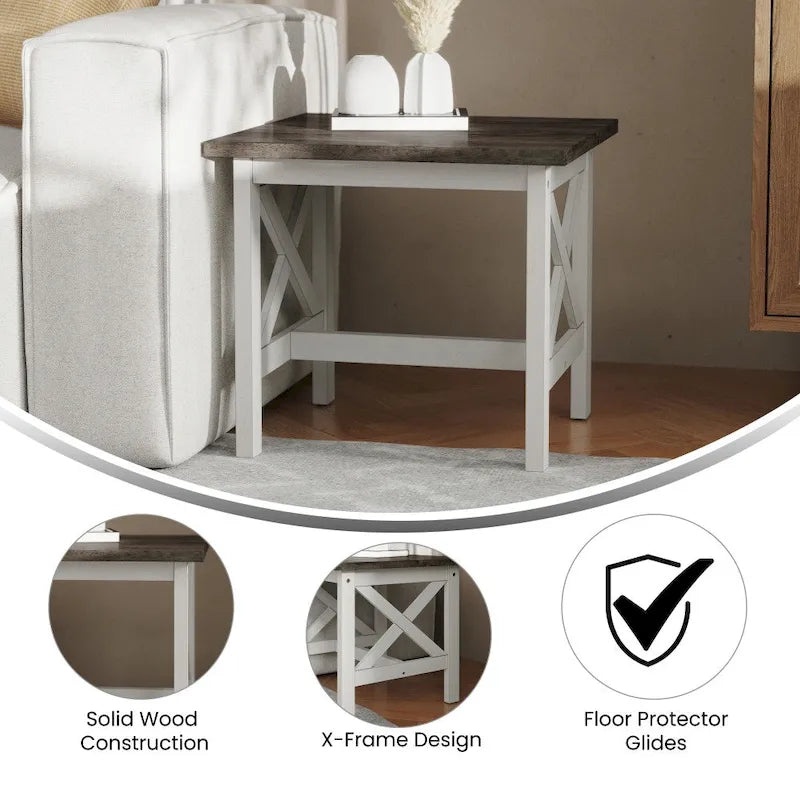 Solid Wood Farmhouse End Table - X-Frame Design, 300lb Capacity, Quick Assembly Under 30 Minutes, Floor Protector Glides