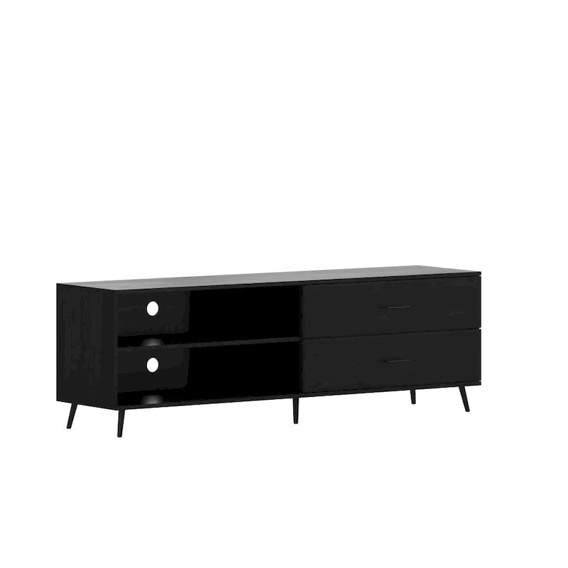 Mid-Century Modern TV Stand - 2 Drawers, Adjustable Shelves, Flared Legs, Cable Management, Retro Media Console