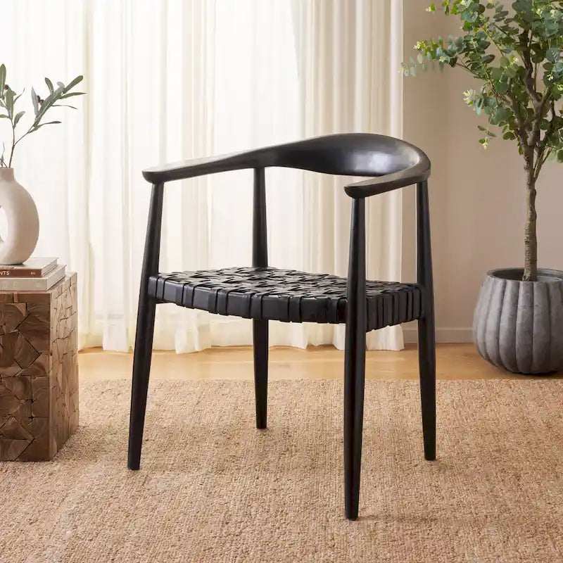 Woven Leather Accent Chair - French Cane Pattern, Black Solid Wood Frame, 25x22x22", Fully Assembled, Contemporary Chic