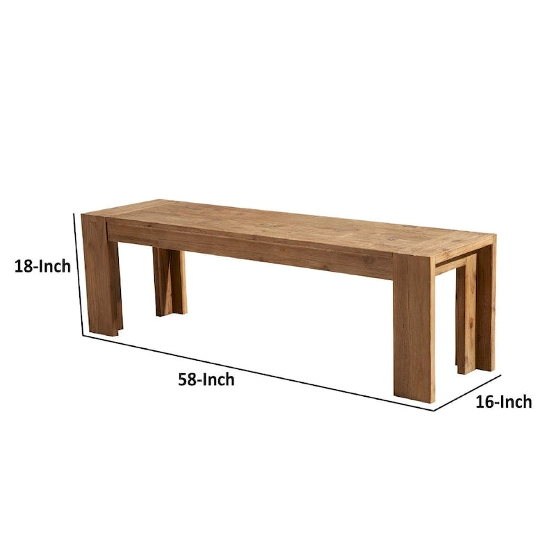 Solid Acacia Wood Dining Bench with Bracket Legs, Sandblasted Brown Finish, 58"L x 16"W x 18"H