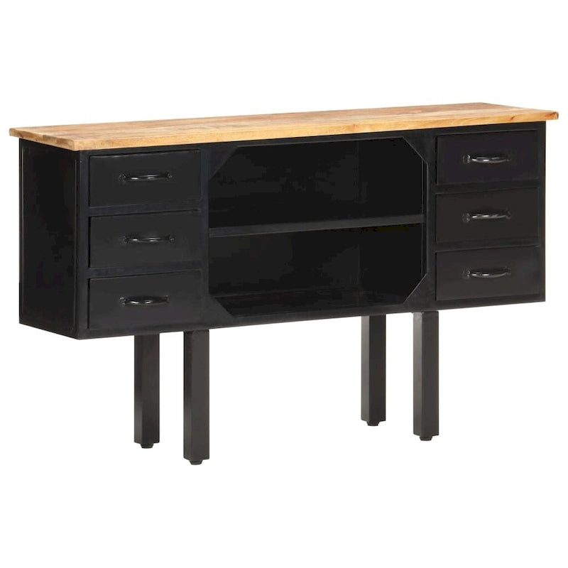 43.3" Sideboard Solid Rough Mango Wood and Steel 6 Drawers 2 Compartments Industrial Style Storage Cabinet