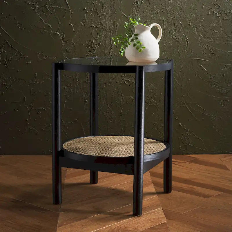 23" Two-Tiered Rattan & Glass Accent Table - Tempered Glass Top, Elm Wood Legs, 23W x 23D x 24H