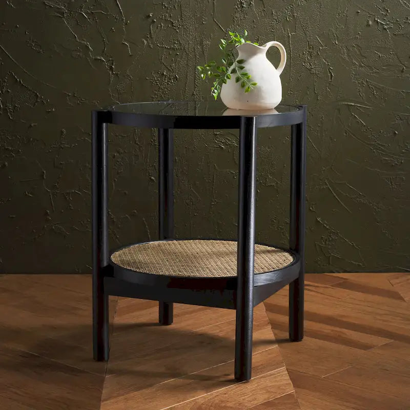 23" Two-Tiered Rattan & Glass Accent Table - Tempered Glass Top, Elm Wood Legs, 23W x 23D x 24H