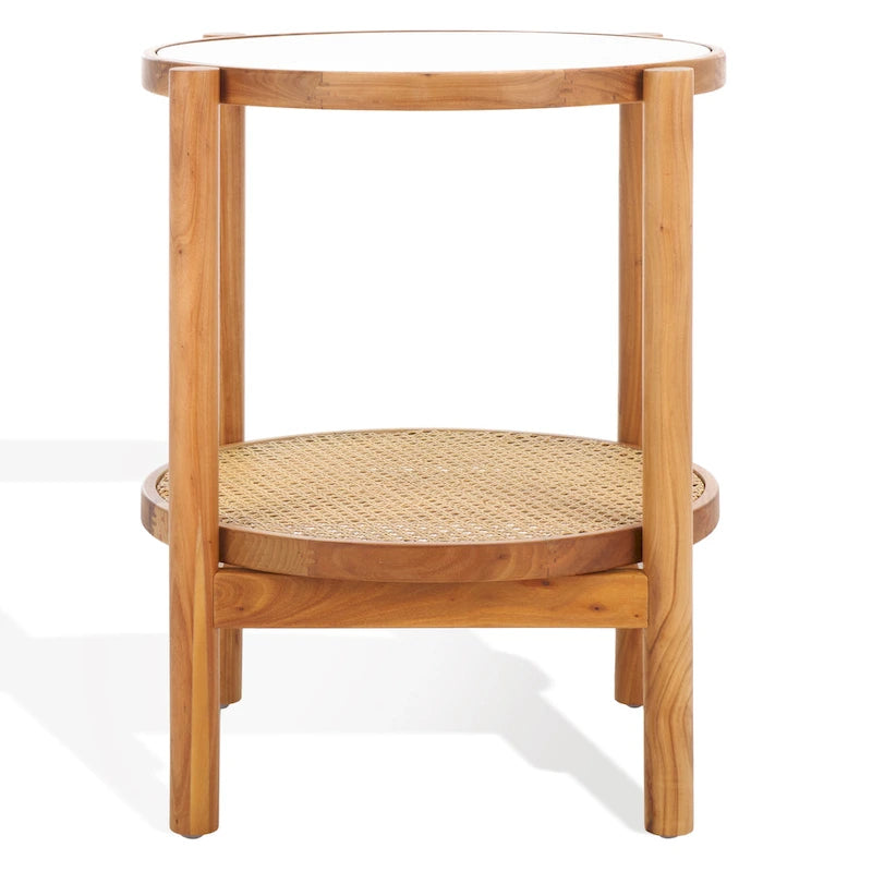 23" Two-Tiered Rattan & Glass Accent Table - Tempered Glass Top, Elm Wood Legs, 23W x 23D x 24H