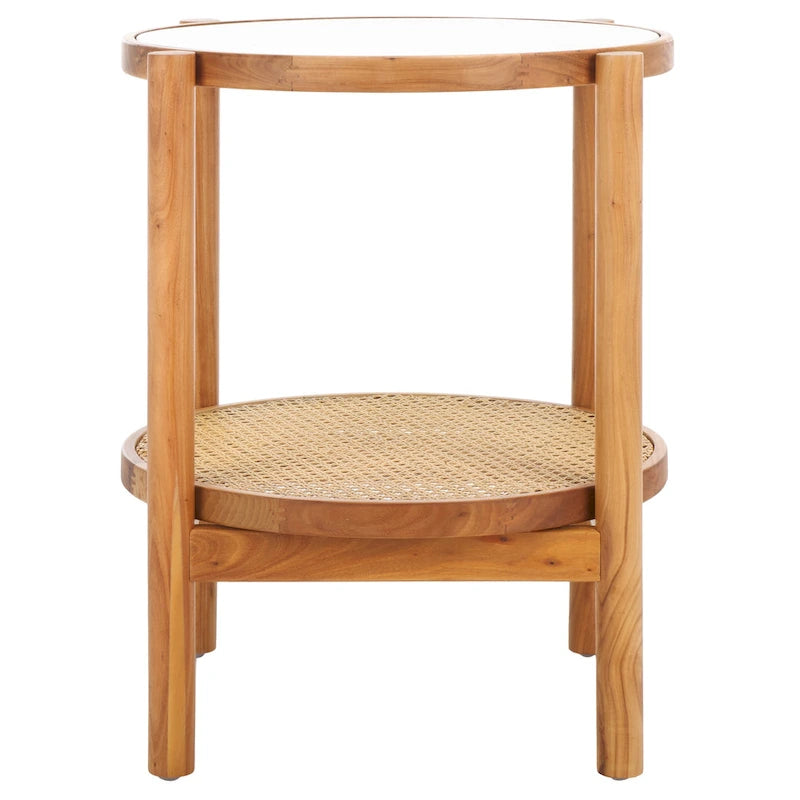 23" Two-Tiered Rattan & Glass Accent Table - Tempered Glass Top, Elm Wood Legs, 23W x 23D x 24H