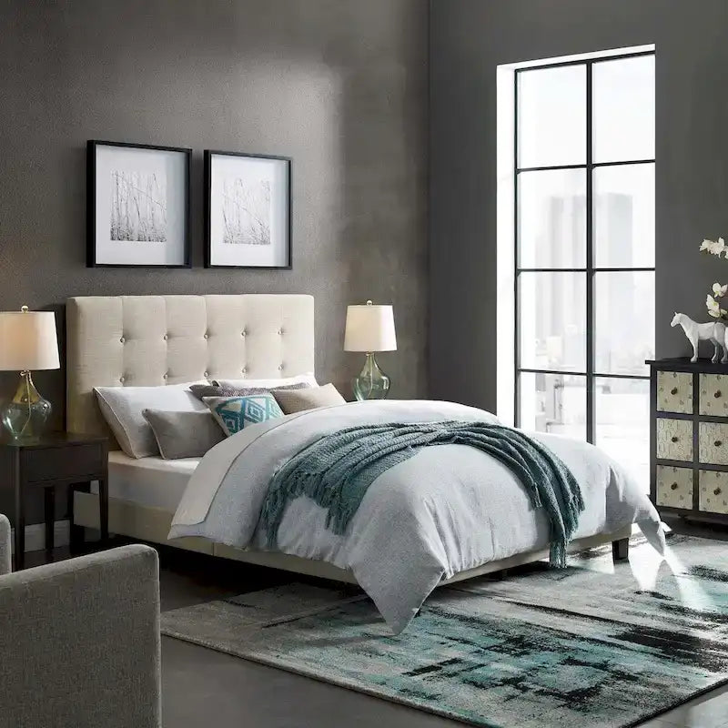 Queen Button-Tufted Upholstered Platform Bed - Soft Polyester Fabric, Padded Headboard, Wood Slat Support, 86x65x48", MDF Frame