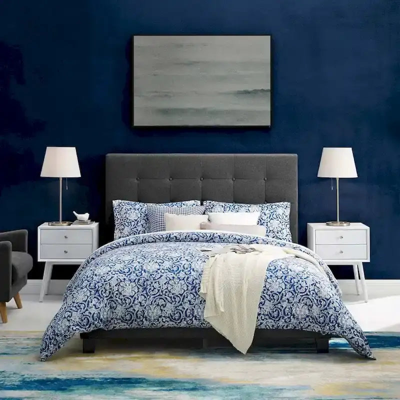 Queen Button-Tufted Upholstered Platform Bed - Soft Polyester Fabric, Padded Headboard, Wood Slat Support, 86x65x48", MDF Frame