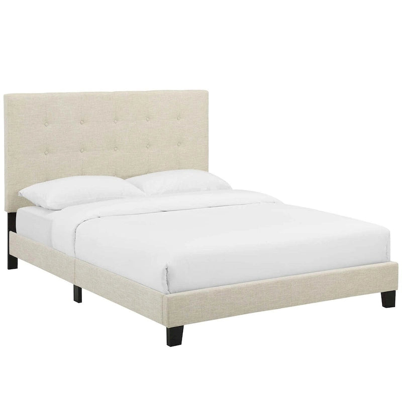 Queen Button-Tufted Upholstered Platform Bed - Soft Polyester Fabric, Padded Headboard, Wood Slat Support, 86x65x48", MDF Frame