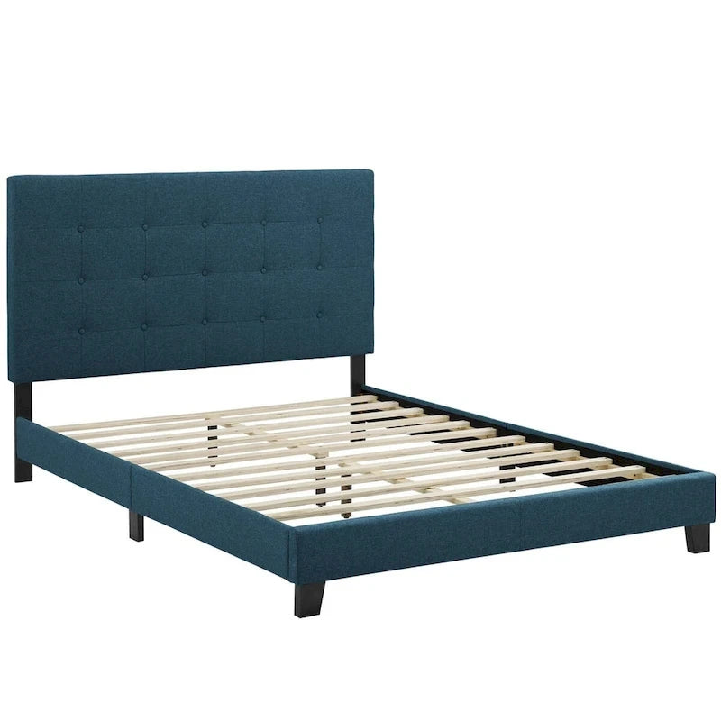 Queen Button-Tufted Upholstered Platform Bed - Soft Polyester Fabric, Padded Headboard, Wood Slat Support, 86x65x48", MDF Frame