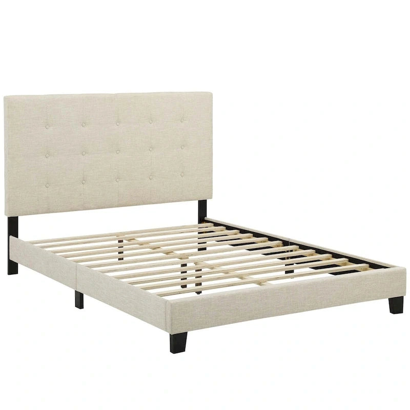 Queen Button-Tufted Upholstered Platform Bed - Soft Polyester Fabric, Padded Headboard, Wood Slat Support, 86x65x48", MDF Frame