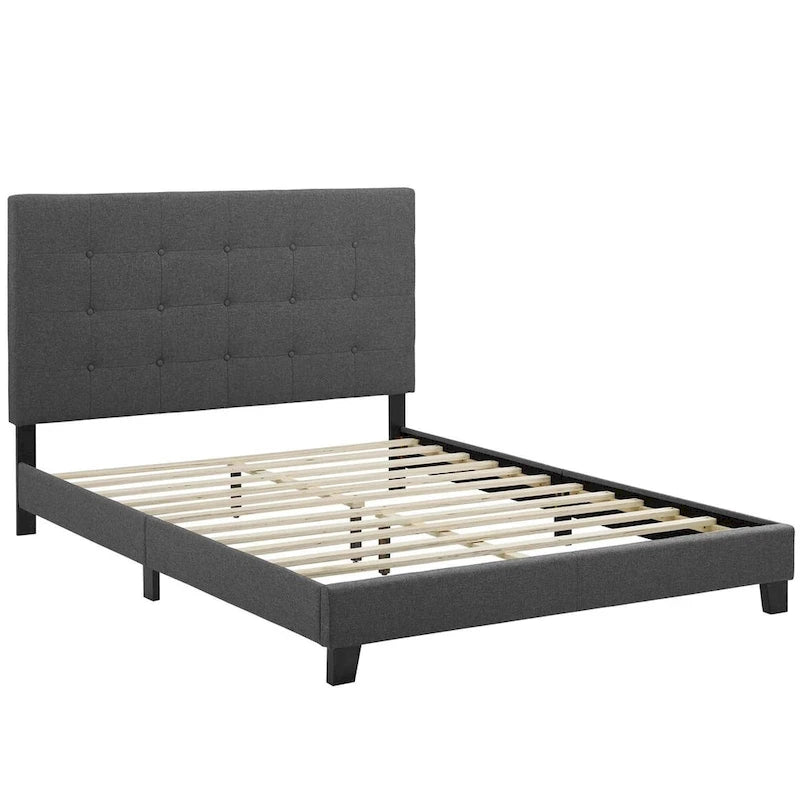 Queen Button-Tufted Upholstered Platform Bed - Soft Polyester Fabric, Padded Headboard, Wood Slat Support, 86x65x48", MDF Frame