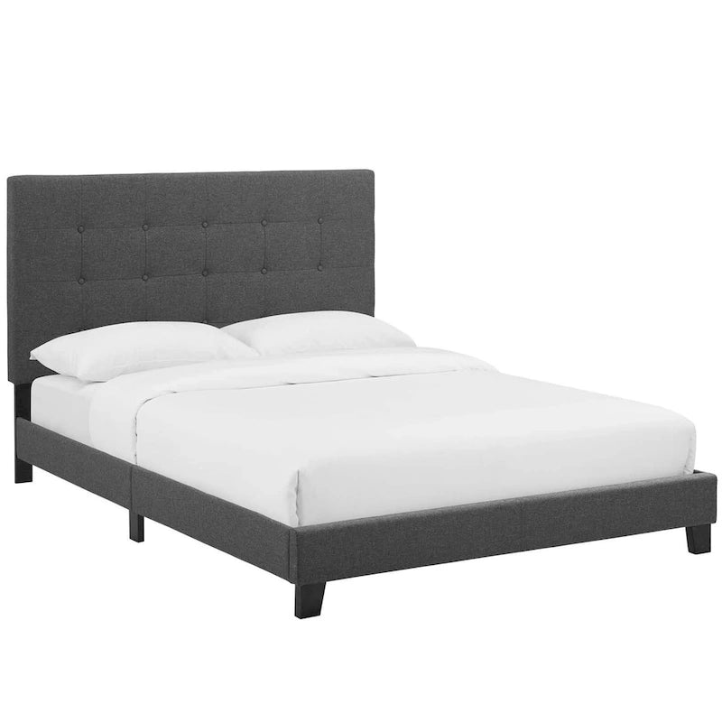 Queen Button-Tufted Upholstered Platform Bed - Soft Polyester Fabric, Padded Headboard, Wood Slat Support, 86x65x48", MDF Frame