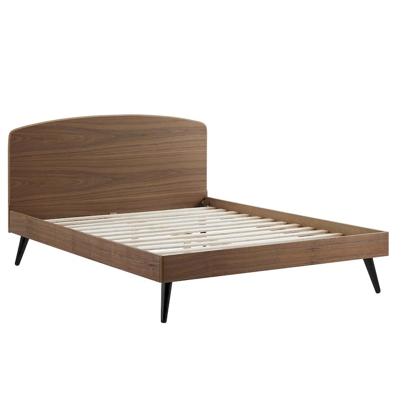 Queen Size Mid-Century Wood Platform Bed with Arched Headboard, Slat Support, 601 lbs Capacity