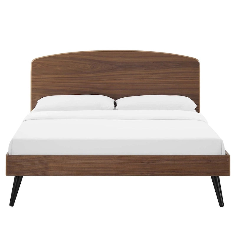 Queen Size Mid-Century Wood Platform Bed with Arched Headboard, Slat Support, 601 lbs Capacity