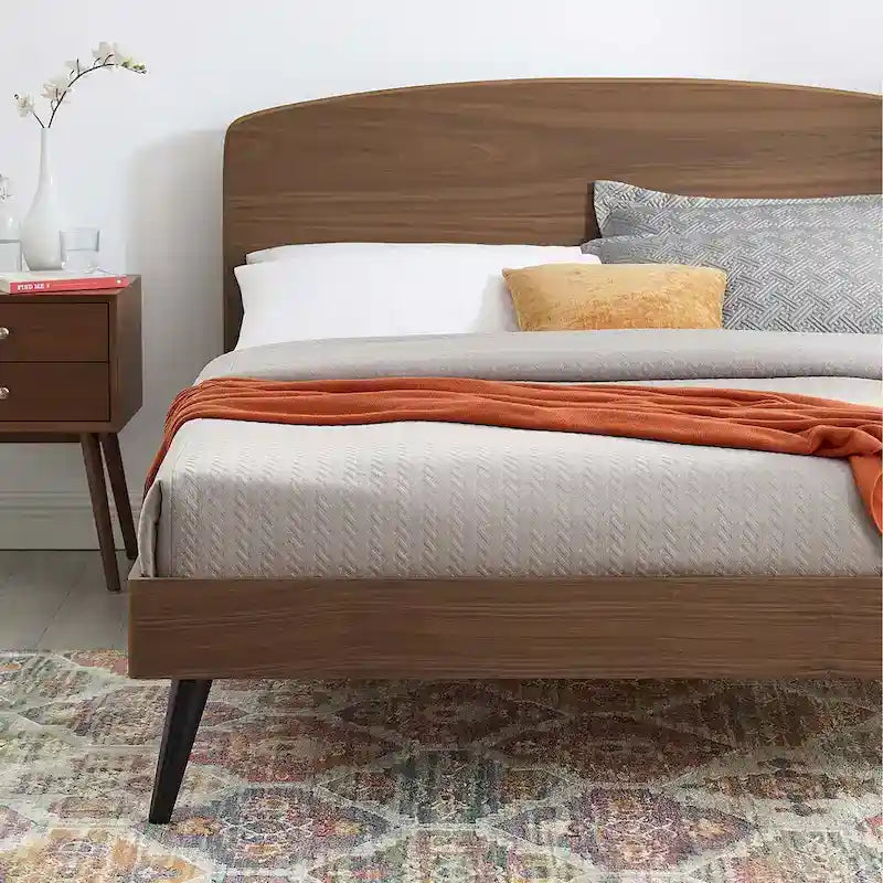 Queen Size Mid-Century Wood Platform Bed with Arched Headboard, Slat Support, 601 lbs Capacity