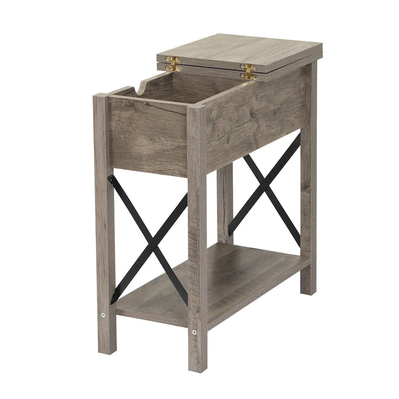 Farmhouse Flip Top End Table with Charging Station - 2 AC Outlets & 2 USB Ports, Drawer & Storage Shelf, Narrow Nightstand - 23.6"L x 11"W x 23.8"H