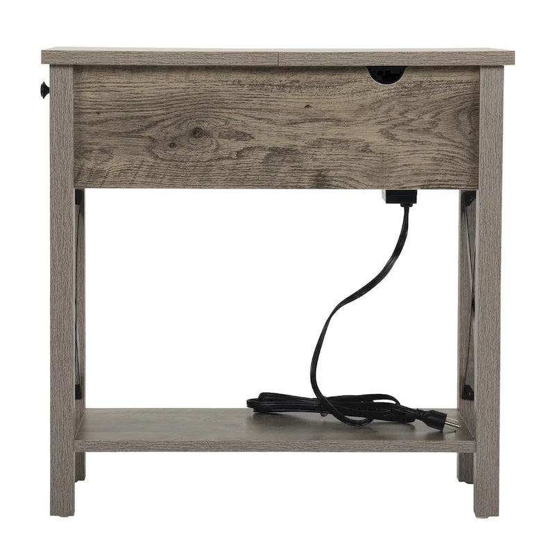 Farmhouse Flip Top End Table with Charging Station - 2 AC Outlets & 2 USB Ports, Drawer & Storage Shelf, Narrow Nightstand - 23.6"L x 11"W x 23.8"H