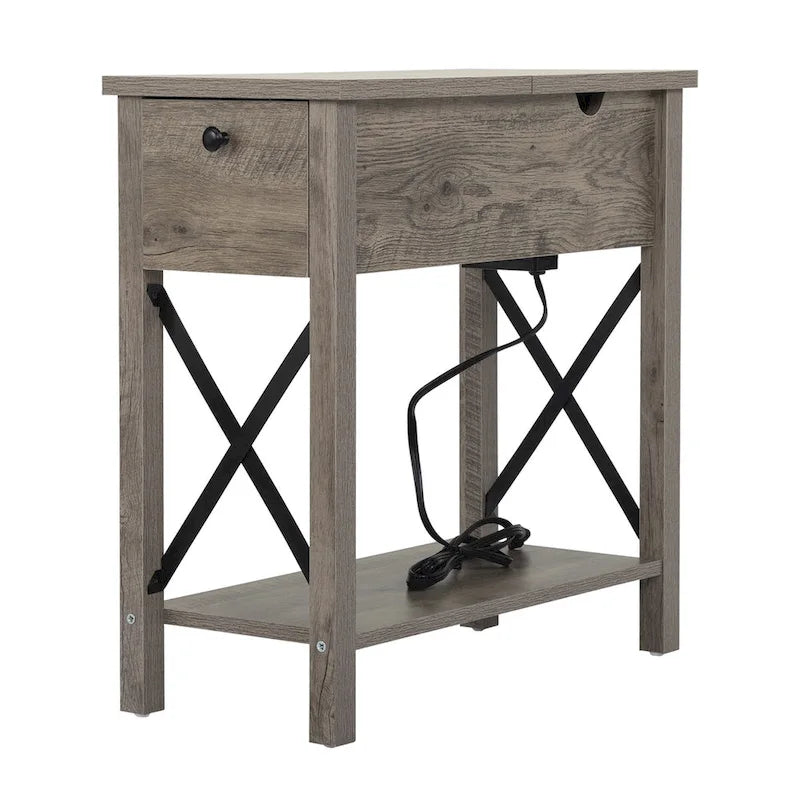 Farmhouse Flip Top End Table with Charging Station - 2 AC Outlets & 2 USB Ports, Drawer & Storage Shelf, Narrow Nightstand - 23.6"L x 11"W x 23.8"H