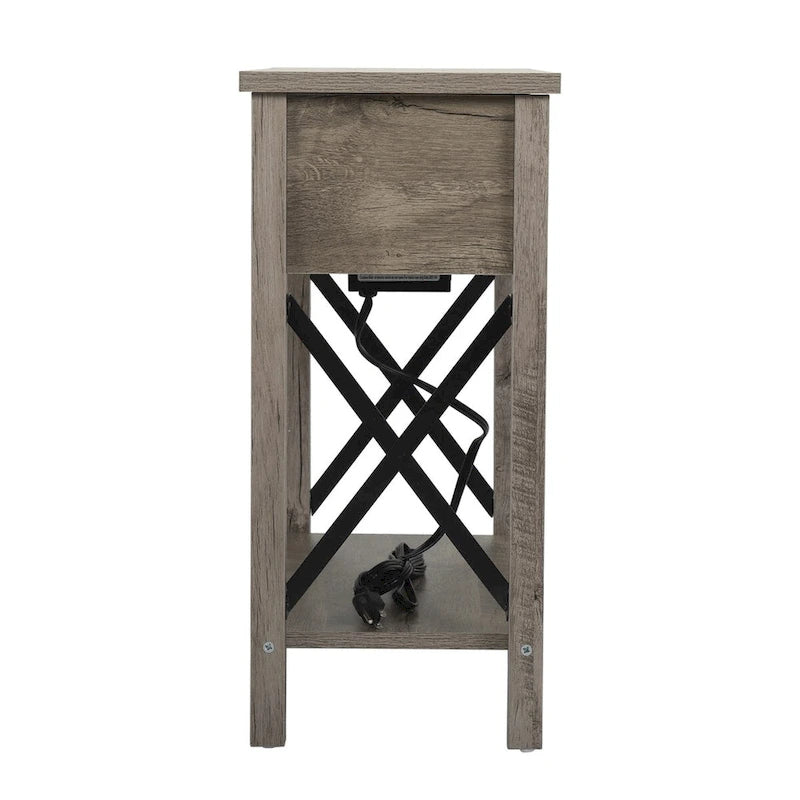 Farmhouse Flip Top End Table with Charging Station - 2 AC Outlets & 2 USB Ports, Drawer & Storage Shelf, Narrow Nightstand - 23.6"L x 11"W x 23.8"H