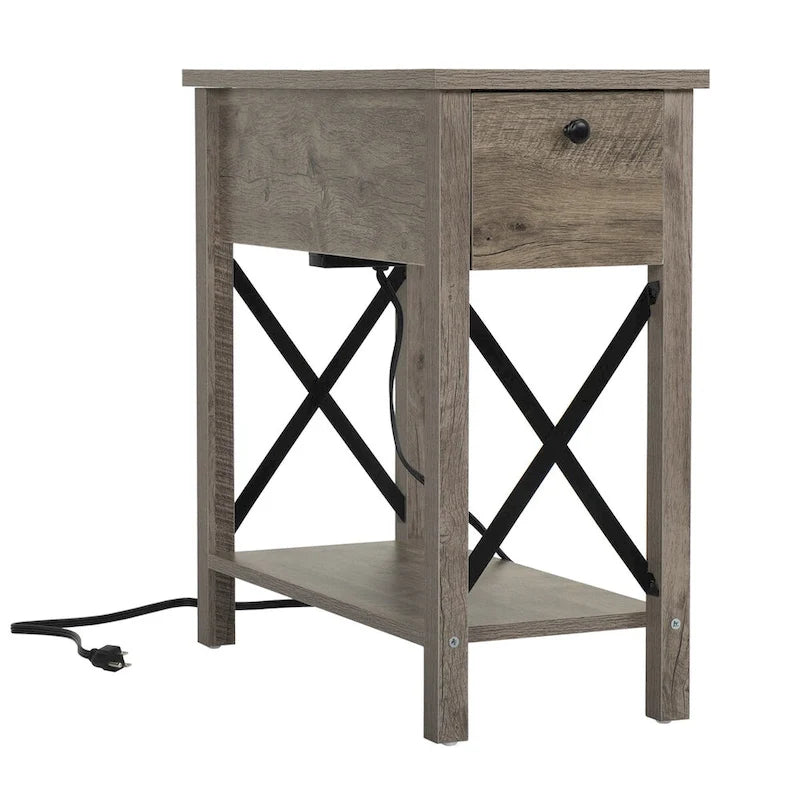 Farmhouse Flip Top End Table with Charging Station - 2 AC Outlets & 2 USB Ports, Drawer & Storage Shelf, Narrow Nightstand - 23.6"L x 11"W x 23.8"H