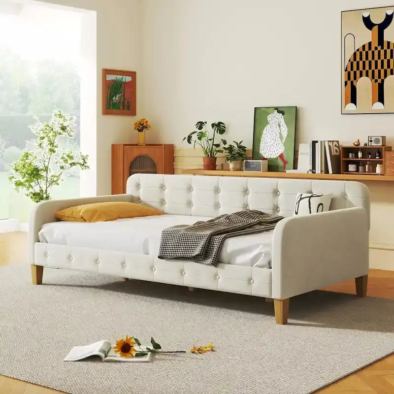 Velvet Upholstered Daybed - Full/Twin Size, 600lb Capacity, 4 Pine Wood Legs, Dual Function Sofa Bed with Slat Kit
