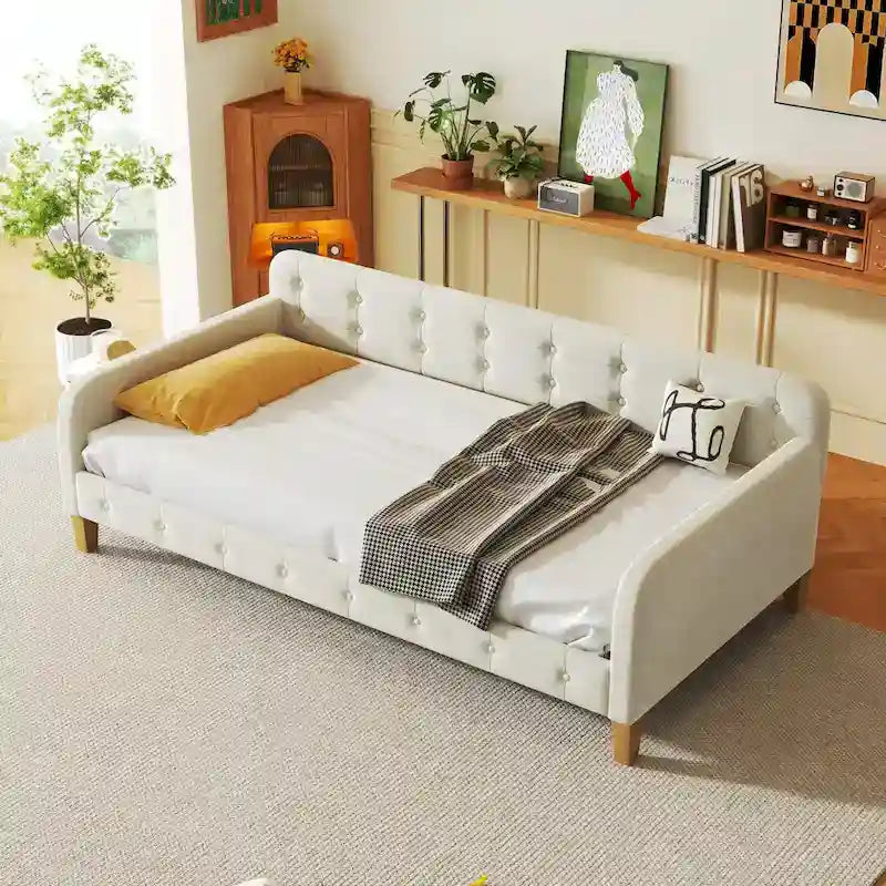 Velvet Upholstered Daybed - Full/Twin Size, 600lb Capacity, 4 Pine Wood Legs, Dual Function Sofa Bed with Slat Kit