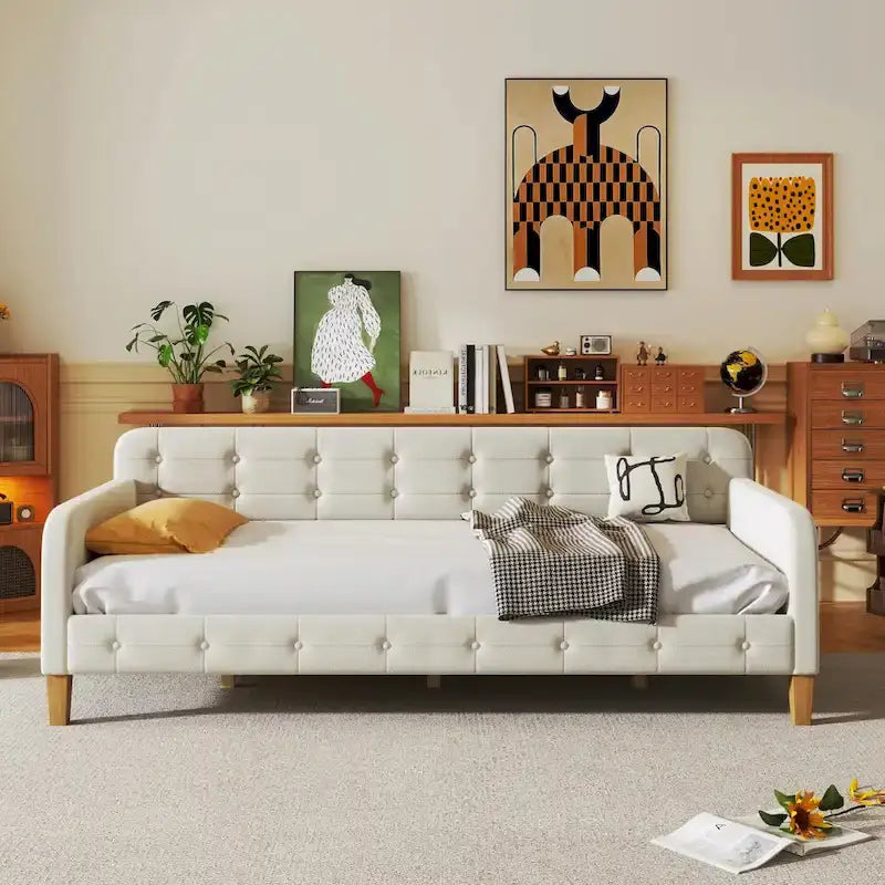 Velvet Upholstered Daybed - Full/Twin Size, 600lb Capacity, 4 Pine Wood Legs, Dual Function Sofa Bed with Slat Kit