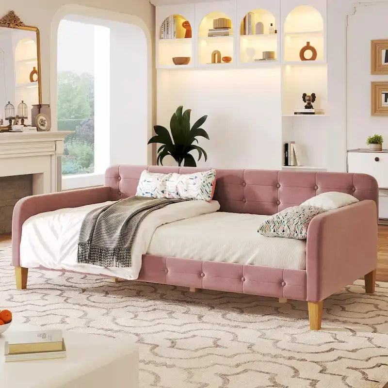 Velvet Upholstered Daybed - Full/Twin Size, 600lb Capacity, 4 Pine Wood Legs, Dual Function Sofa Bed with Slat Kit