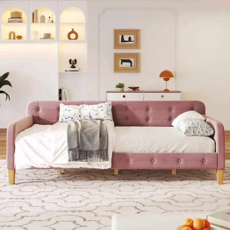 Velvet Upholstered Daybed - Full/Twin Size, 600lb Capacity, 4 Pine Wood Legs, Dual Function Sofa Bed with Slat Kit