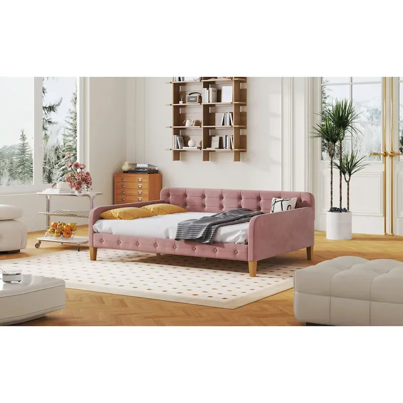 Velvet Upholstered Daybed - Full/Twin Size, 600lb Capacity, 4 Pine Wood Legs, Dual Function Sofa Bed with Slat Kit