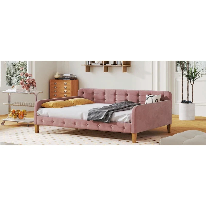 Velvet Upholstered Daybed - Full/Twin Size, 600lb Capacity, 4 Pine Wood Legs, Dual Function Sofa Bed with Slat Kit